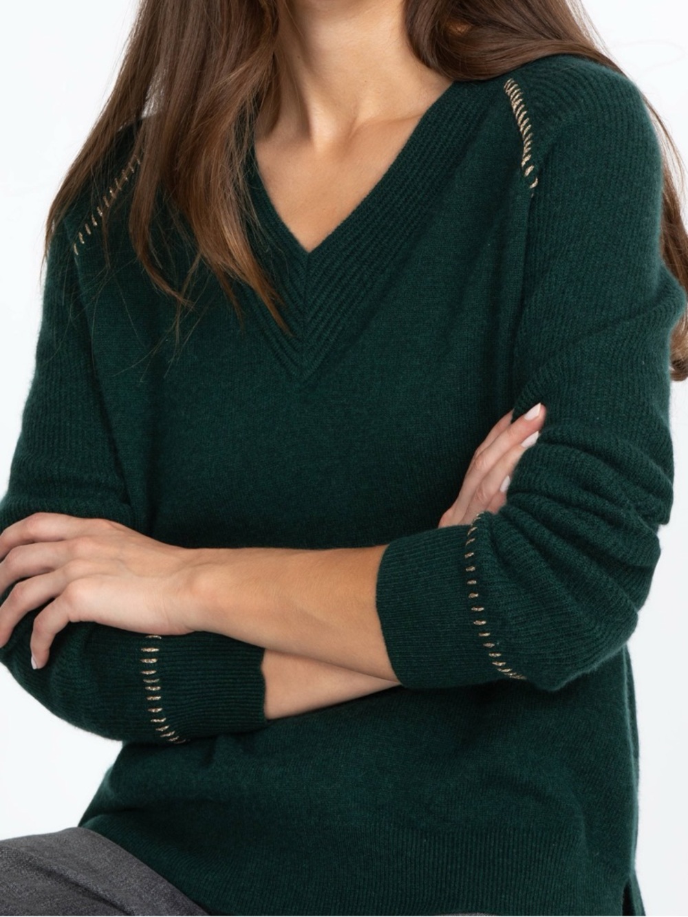 Johnny Was Dawn Metallic Whipstitch V-Neck Sweater Forest Green XL